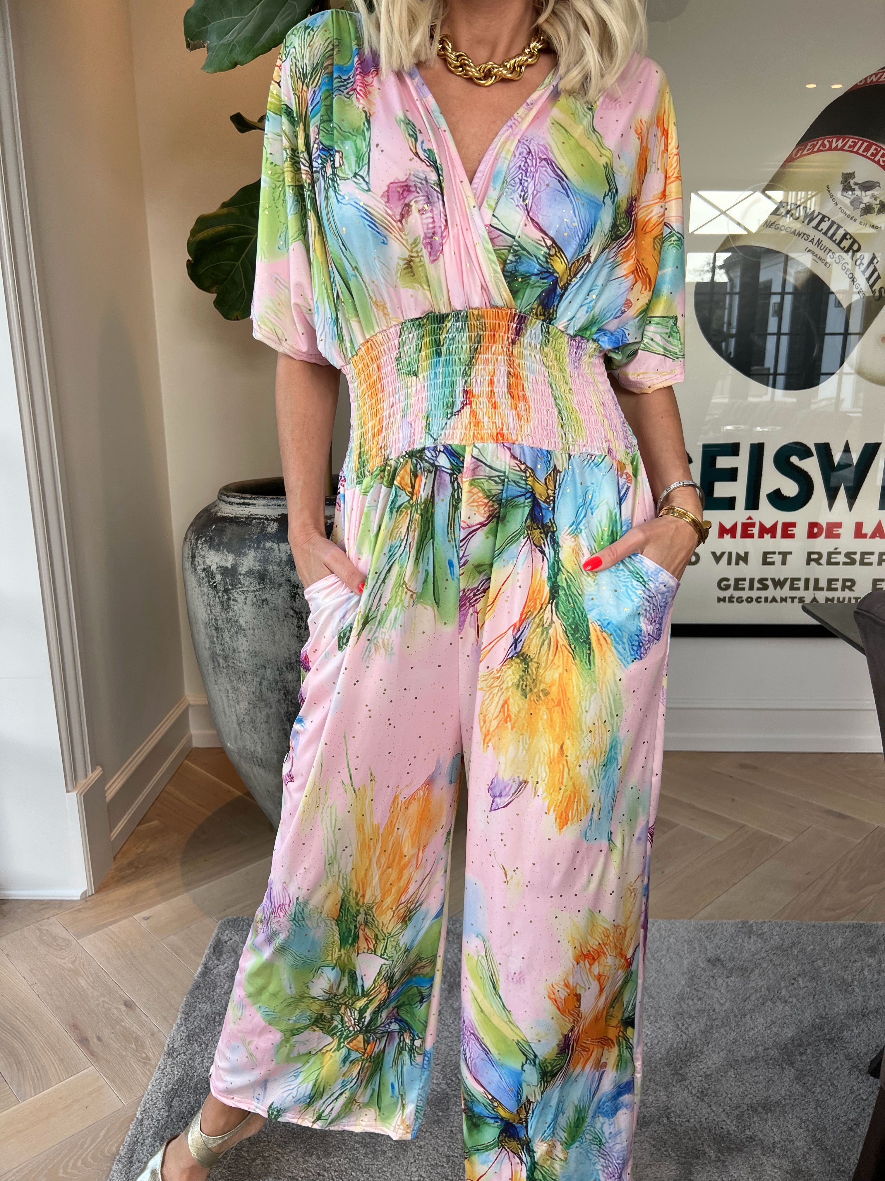 Pams Print Jumpsuit - Elastisk mønstret buksedragt med guld støv